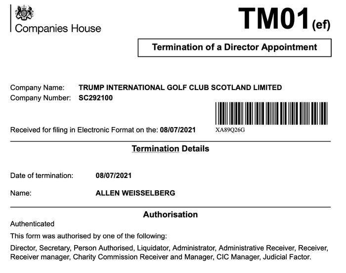 Part of an electronic document from Companies House on July 8 with the heading Termination of a Director Appointment showing that Allen Weisselberg was terminated by Trump International Golf Club Scotland Limited.