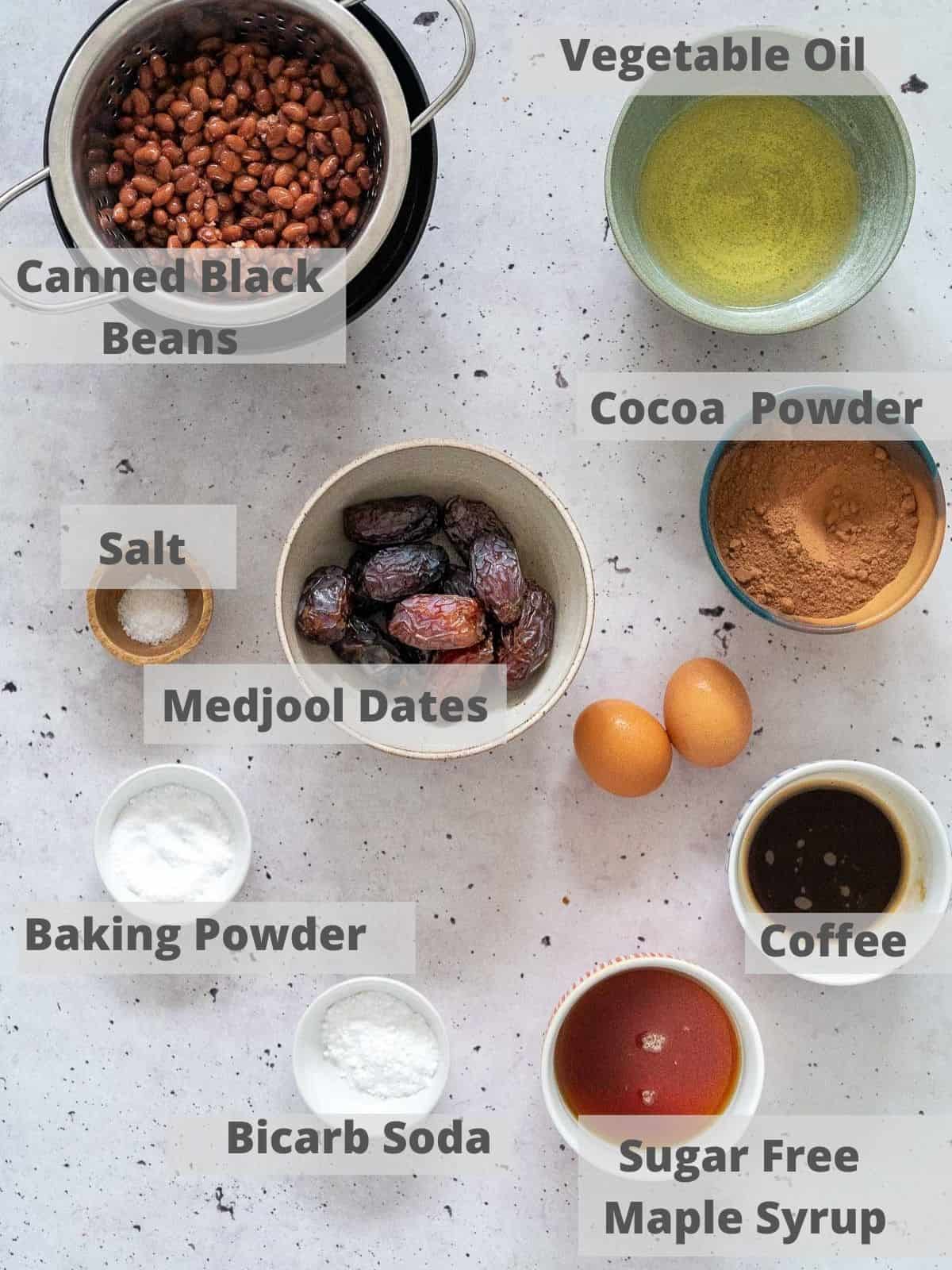 ingredients to make a black bean chocolate cake