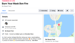 Facebook event page for Friday night Burn Your Mask Bonfire.