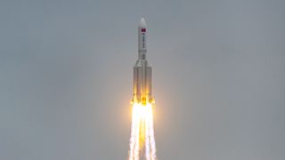 The Long March 5B rocket carrying the core module of China's space station, Tianhe, blasts off from the Wenchang Spacecraft Launch Site on April 29, 2021.