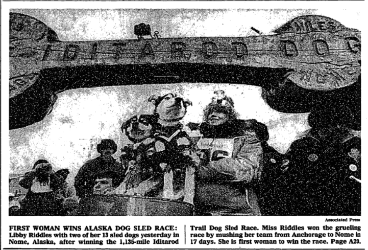 Today in 1985: Libby Riddles became the first woman to win the 1,135-mile  Iditarod Trail Dog Sled Race. "I still can't beli... | NYT  Archives | Scoopnest